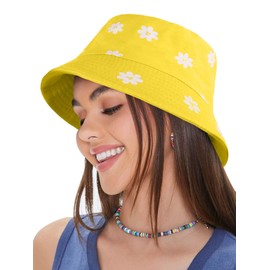 LADES Bucket Hat Women - Reversible Cotton Beach Sun Fisherman Hat Foldable Double-Sided Bucket Hats Daisies Print Aesthetic Cap for Women Teens Traveling Outdoor Yellow