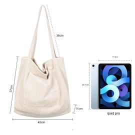 Etercycle Women's large capacity corduroy shoulder bag, retro handbag for everyday use, office, school trip and shopping, beige, l,