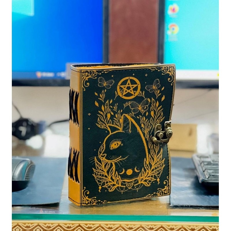Grimoire journal Leather Print Caltic Cat journal Blank Spell book