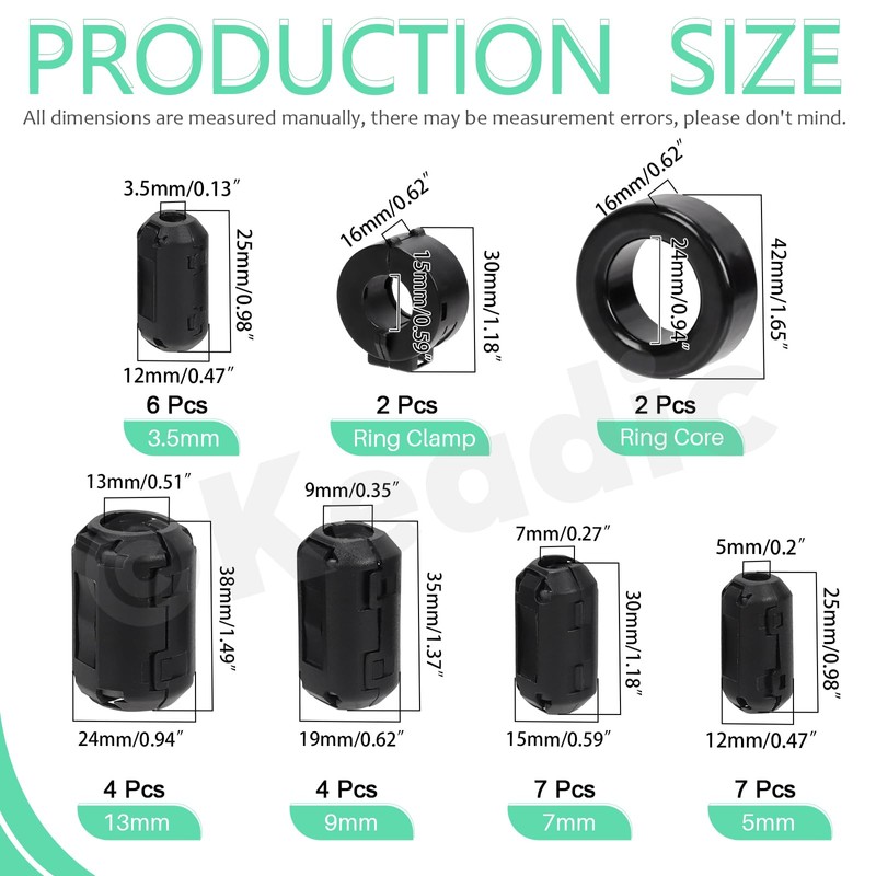 Keadic 32Pcs Clip-on Ferrite Ring Core RFI EMI Noise Suppressor