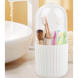 OOXYG Large Capacity Toothbrushes and Toothpaste Holders with Removable Lid, Dustproof & Waterproof, 360 Rotating 5 Slots Cosmetics Makeup Brush Organizer for Vanity Bathroom Countertop White