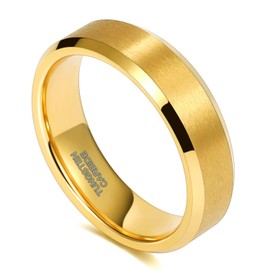 TRUMIUM 6mm 18k Gold Tungsten Rings for Men Women Wedding Bands Matte Finish Beveled Edges Comfort Fit Size 10