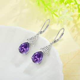 CARICY Celtic knot Earrings 925 Sterling Silver Dangle Drop Earrings for Women Teardrop February Amethyst Birthstone Celtic Trinity Earrings Birthday Jewelry