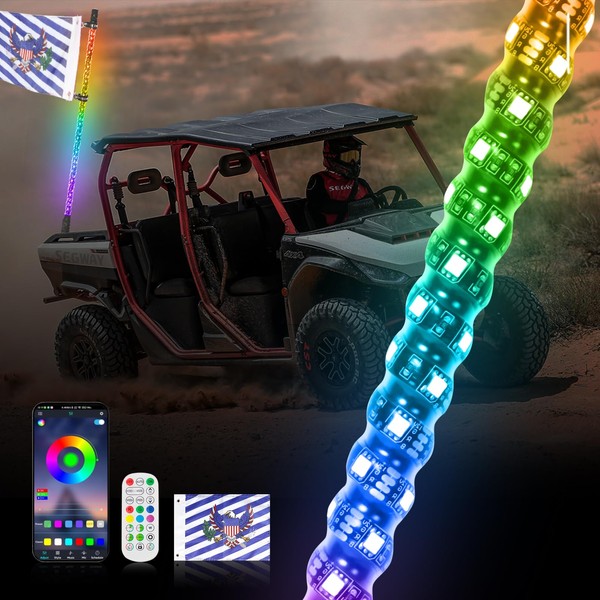 UTVJATV 1PC-3FT Spiral RGB LED Whip Light with App &