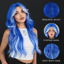TRUMOST Blue Platinum Blonde Highlight Long Wavy Wig with Curtain Bang 26 Inch Ombre Blue Blonde Wig Synthetic Heat Resistant for Women Daily Party used.