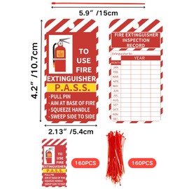 160 Pack Fire Extinguisher Tags - Waterproof Monthly Inspection Tags with 160 Adjustable Wire Ties for Indoor Outdoor 4.2 x 2.1 Inch