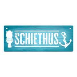 Schiethus Flat German Metal Sign for the Toilet in Blue Tin Sign in Wood Look with Funny Saying for the Toilet in Dialect Frisian Toilet Decoration North German