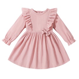 Dalukit Toddler Baby Girls Dress Long Sleeve Ruffle Dress for Baby Girls Casual Solid Corduroy Little Kids Winter Clothes Pink