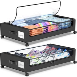 DGFCK Under Bed Storage with Wheels, 2-Pack Under Bed Storage Containers with Clear Lids, XXL 60L Under the bed storage Organizer Bins, Rolling Under Bed Metal Drawer for Clothes,Shoes,Toys (Black)