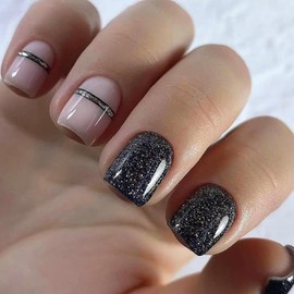 Pack of 24 False Nails Black Lines Press On Nails Square Short French Artificial Nails Full Cover Artificial Nails for Gluing Natural Acrylic Fingernails Fake Nails for Women and Girls