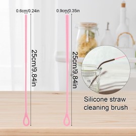 2pcs Silicone Straw Brushes, 6mm & 9mm Extra Long Straw Cleaners Reusable Hanging Cleaning Brush Bendable Crevice Pipe Cleaner for Glass Metal Smoothie Straws (Pink)