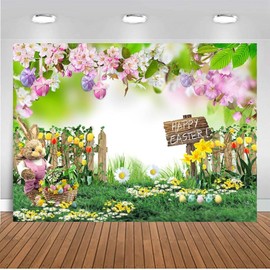 CHAIYA 10X8FT Spring Easter Garden Photography Backdrop Green Grass Lawn Pink Floral Fence Background Family Party Decorations Banner CY-207