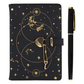 Ziyonix A5 Notebook Heart Padlock Journal, 192 Pages Diary with Lock, A5 Notebook with Pen Set, PU Hardcover Leather, Closed Journal for Boys and Girls, Black