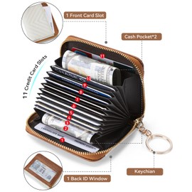 BOSTANTEN Credit Card Holder Wallet RFID Blocking Leather Small Wallet for Women Zipper Keychain Wallet with Wristlet Beige＆Brown