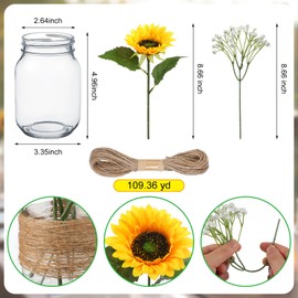 Yuxung 85 Pcs/ 12 Set Sunflower Mason Jar Table Centerpiece Mason Jar Vases Faux Floral with Rope Boho Rustic Flower Table Decoration for Reception Engagement Party Bridal Shower Wedding