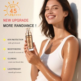 Shimmer Oil, SPF 45 Sunscreen Body Makeup Waterproof No Transfer Body Luminizer Lotion Glow for Women, Liquid Illuminator Bronzer, Long-lasting, Radiance Skin (03# Glistening Bronze)