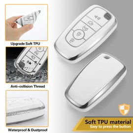 CTRINEWS for Ford Key Fob Cover with Metal Braided Rope Keychain, Upgraded Soft Case for Fusion F150-F550 Edge Expedition Escape Explorer Bronco Maverick,etc.(5 Button) (Silver, B1)