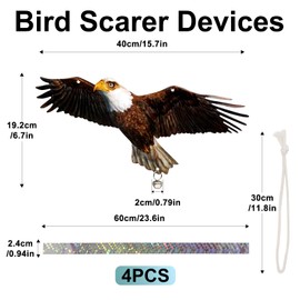 Bird Scarer, 4PCS Fake Owls to Keep Birds Away, Reflective Owl Hanging Decoration, Dual-Side Printed Raster Fake Eagle to Keep Birds Away from Garden Patio Windows