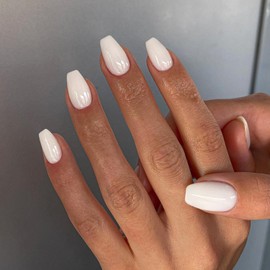 White Short Coffin Press on Nails Medium Coffin Nails Press ons, Glue on Nails Short Fake Nails for Women, Ballerina T Shape Acrylic False Nails Natural Handmade Gel Nails Medium Square Nails
