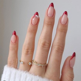 Christmas Press on Nails Almond Fake Nails Christmas Hat Acrylic Nails Red French Tip Press on Nails Winter Xmas False Nails Glossy Glue on Nails for Women Girls 24Pcs