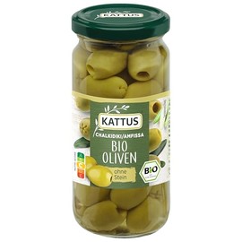 Kattus - Organic Green Olives without Stone | Greek Olives for Refining Salads or Sauces | Organic Cultivation | 125 g in Glass