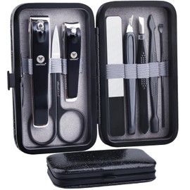 HANTEKAS - Juego de 8 piezas de cortaúñas de acero inoxidable, cortaúñas de uñas de los pies, cortadores de uñas con estuche de cuero para el hogar, trabajo, al aire libre, viajes, salón, regalo para hombres, mujeres, familiares y amigos