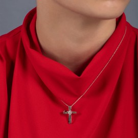 Jewelili Sterling Silver Treated Black and Natural White Round Diamond Accents Cross Pendant Necklace, 18" Rope Chain