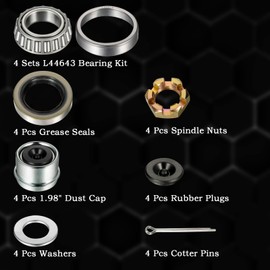 SHINICO 4 Sets L44643 L44610 Bearing Kit, Boat Trailer Wheel Axle Bearing Kits for 1'' 2000-2200 Lbs Spindle, Grease Seals, 1.98" Dust Cap, Rubber Plugs, Spindle Nuts, Washers, Cotter Pins