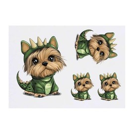4 x 'Cute Yorkshire Terrier Puppy in Dino Costume' Temporary Tattoos - Water Resistant, Skin-Safe, Non-Toxic Transfers, Mixed Sizes (TO00077160)