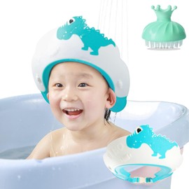 Heatunk Adjustable Dinosaur Baby Shower Cap & Bath Brush Set - Bath Visor to Protect Toddlers' Eyes from Water - Perfect for Girls and Boys-Blue