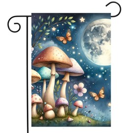 ShineSnow Fairy Fantasy Mushroom Butterfly Full Moon Stars Flowers Seasonal Garden Yard Flag 12"x 18" Double Sided Polyester Welcome House Flag Banners for Patio Lawn Outdoor Home Decor