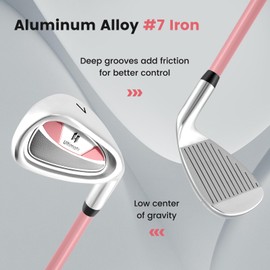 ULTIMATE Junior #7 Iron for Right Handed, Kids Golf Club with Fiberglass Shaft, Rubber Hand Grip, Headcover, Golf Training Club for Boys and Girls (Pink, 33", Aged 11-14)