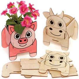 Baker Ross FC811 Horse, Pig & Cow Wooden Craft Set Flower Pot - Pack of 3, Wooden Craft Sets for Children for Crafts, Painting and Decorating