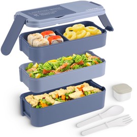 GadgBlizza Bento Box Adult Lunch Box, Stackable 3 Layers Lunch Containers for Kids, Portable Bento Lunch Box with Utensils, 44 Oz/5 Cup, Blue