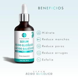 PUREZANATUR Serum facial Ácido glicólico + Salicílico hidratante 50ml | Suero antiedad con AHA, BHA, Acido hialurónico reductor de sebo skincare