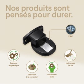 LA LOURDE - Magnetic Door Stop - Black Zinc Alloy - Prevents Bumps Against Walls - Keeps Interior Doors Open - French Brand - Extra Flat - 5 x 5.6 x 1 cm