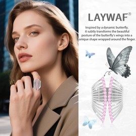 LAYWAF Pink Silver Butterfly Rings for Women, Chunky Adjustable Ring, Gem Rhinestone Cubic Zirconia Fake Diamond CZ Costume Open Ring