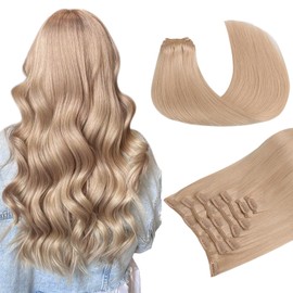 MAXITA Hair Extensions Clip in Human Hair, 7PCS 120g Pinky Dirty Blonde 22 Inch,Clip in Hair Extensions Real Human Hair Extensions Natural Straight Hair for Women
