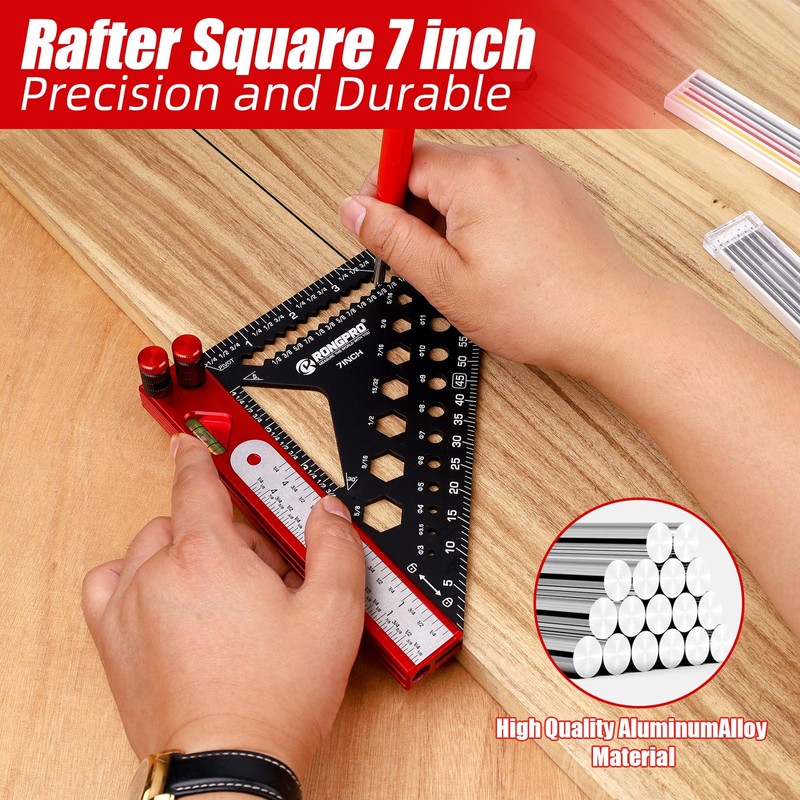 8 in 1 Rafter Square with Carpenter Pencil, 7in Multi-Purpose