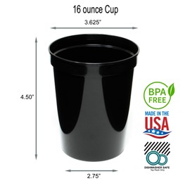 Rolling Sands 16 oz. Reusable Plastic Stadium Cups, 8 Pack, Made in USA, BPA-Free Dishwasher Safe Tumblers, Black