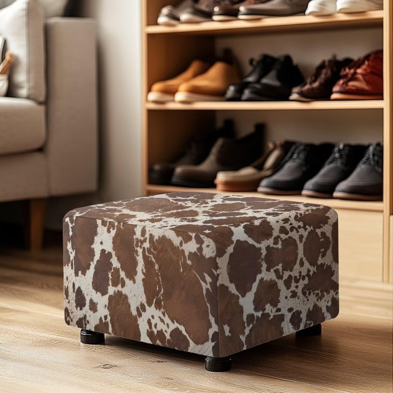Talayituse Brown Cow Print Stretch Velvet Ottoman Slipcover Rectangle Folding