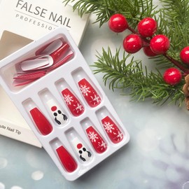 Christmas Press on Nails Medium Coffin Square Fake Nails Cute Elk Acrylic Nails Red White Snowflake Winter Xmas Design False Nails Full Cover Glossy Artificial Stick on Nails for Women and Girls 24Pcs