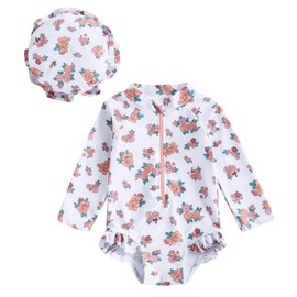 Happy Cherry Baby Girls One Piece Sun Protection Rash Guard with Cap Long-Sleeved Swimming Bathing Suit Modest Zipper Swimsuits Orange 3-6M