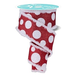 Cinta con alambre de lunares gigantes de Navidad en rojo y blanco con flecos de nieve, 2.5 pulgadas x 10 yardas para coronas, arreglos florales, envoltura de regalo, manualidades.