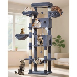 Taoqimiao Cat Tree, 76-Inch Cat Tower for Large Cats Multi-Level Large Cat Condos for Indoor Cats with 2 Condos, Spacious Platform, 2 Hanging Baskets, Hammock, 8 Scratching Posts MS046G，Smoke Gray