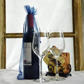 FiveSeasonStuff Organza Bags for Wine Bottles Drawstring Gift Wrapping Reusable Birthday Party Wedding 10 Pouches (14cm x 37cm, Navy)