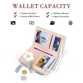 conisy Small Wallet for Women, Cute Bifold Leather Slim RFID Wallets for Women and Girls with Zipper Coin Purse (Flower Blue)