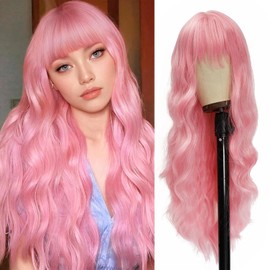 XILIYAI Pink Wig With Bangs 26 Inch Long Curly Wavy Wigs for Women Natural Looking Synthetic Heat Resistant Wig for Cosplay Daily Party Use