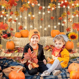 Avezano Autumn Tanksgiving Photogrpahy Backdrop Rustic Pumpkin Wooden Floor Harvest Background Fall Maple Leaves Baby Shower Banner Decorations Photo Booth Props (8x6ft)