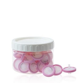 Pack of 30 PTFE Syringe Filters Hydrophilic 0.22 um Pore Size, 25 mm Membrane Diameter, Laboratory Syringe Filter for Biomedical Science, Pink (Barrels Packed)
